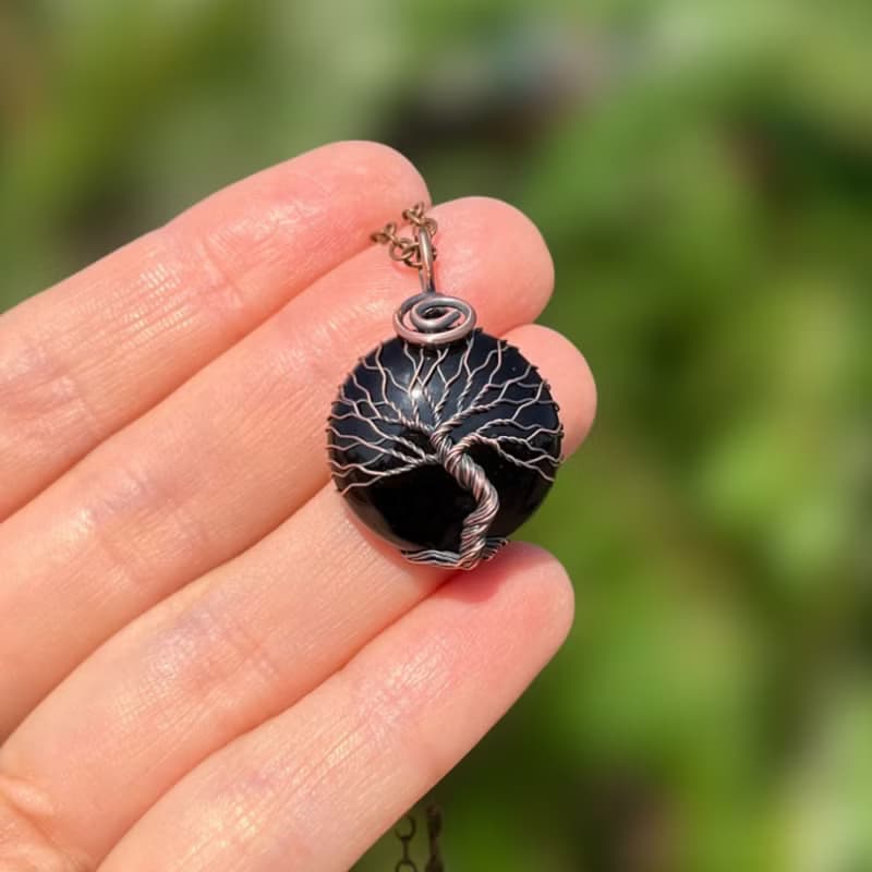 Wire Wrapped Black Onyx Tree Of Life Pendant Necklace, Birthday Gift for Men