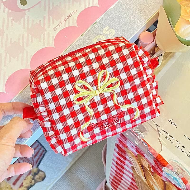 Sweetstore Supply原創紅格蝴蝶結刺繡化妝包便攜收納包