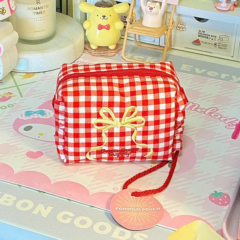 Sweetstore Supply原創紅格蝴蝶結刺繡化妝包便攜收納包