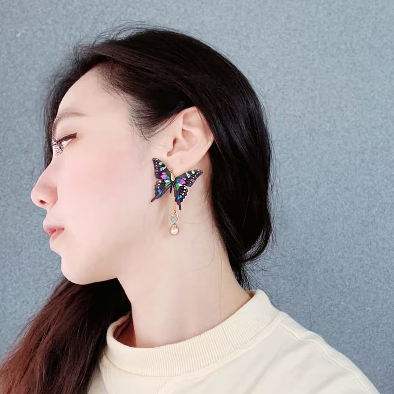 耳環 玫瑰青斑鳳蝶  刺繡 手工 蝴蝶 珍珠 耳夾 禮物 生日