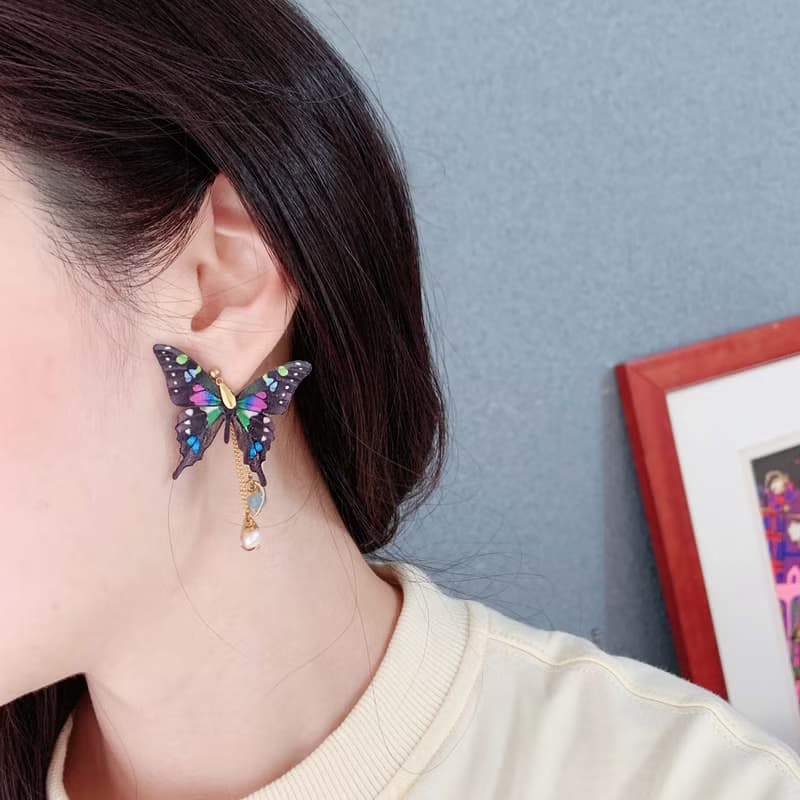 耳環 玫瑰青斑鳳蝶  刺繡 手工 蝴蝶 珍珠 耳夾 禮物 生日
