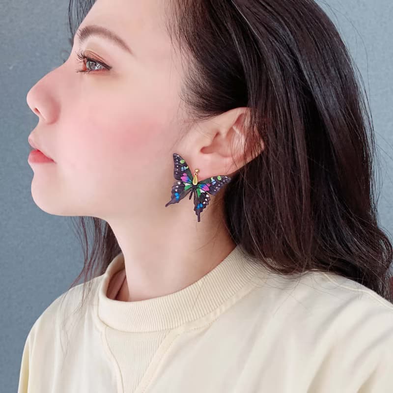 耳環 玫瑰青斑鳳蝶  刺繡 手工 蝴蝶 珍珠 耳夾 禮物 生日