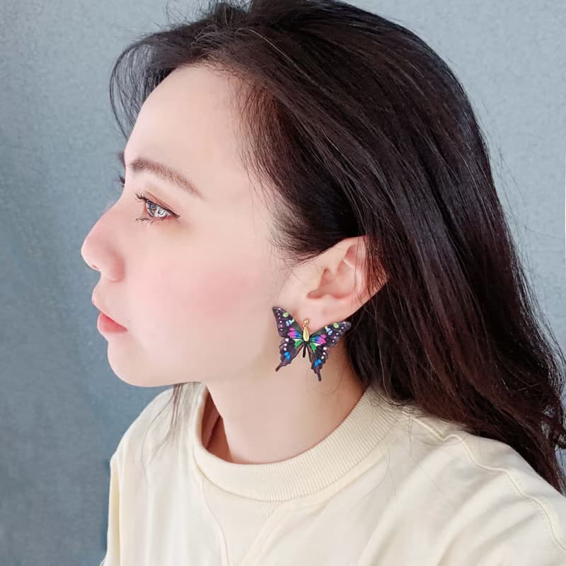 耳環 玫瑰青斑鳳蝶  刺繡 手工 蝴蝶 珍珠 耳夾 禮物 生日