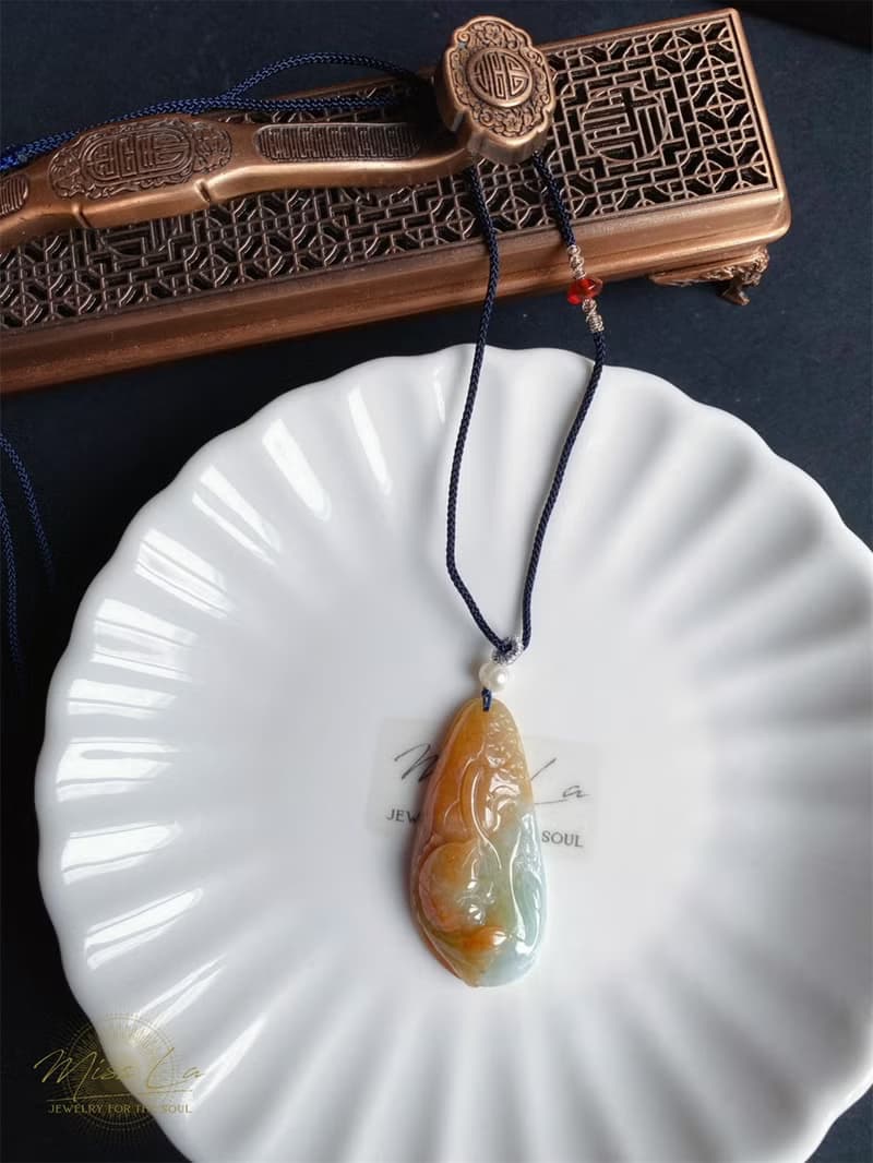 緬甸玉翡翠 天然紅翡 手工雕 荷葉魚 翡翠 禮物 天然石 項鍊