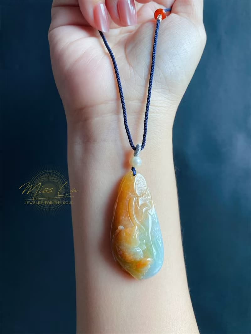 緬甸玉翡翠 天然紅翡 手工雕 荷葉魚 翡翠 禮物 天然石 項鍊