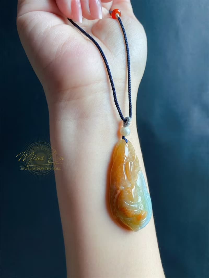 緬甸玉翡翠 天然紅翡 手工雕 荷葉魚 翡翠 禮物 天然石 項鍊