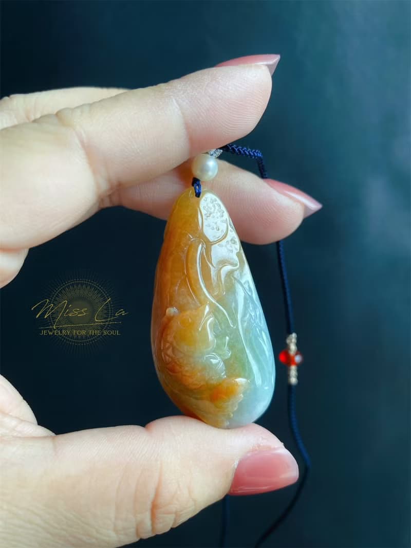 緬甸玉翡翠 天然紅翡 手工雕 荷葉魚 翡翠 禮物 天然石 項鍊