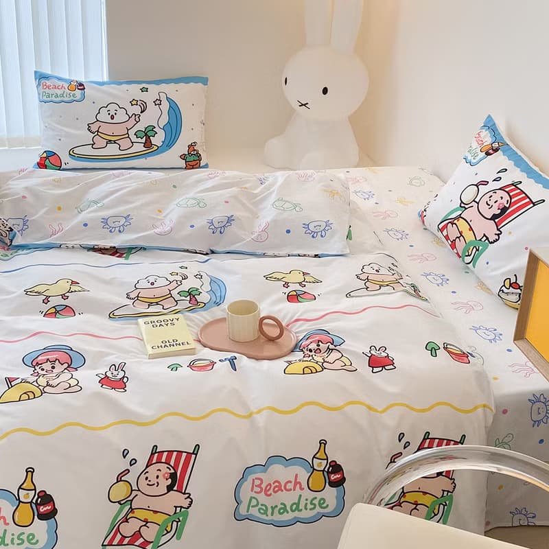 100%棉 卡通可愛少女感沙灘老伯寢具床單四件套