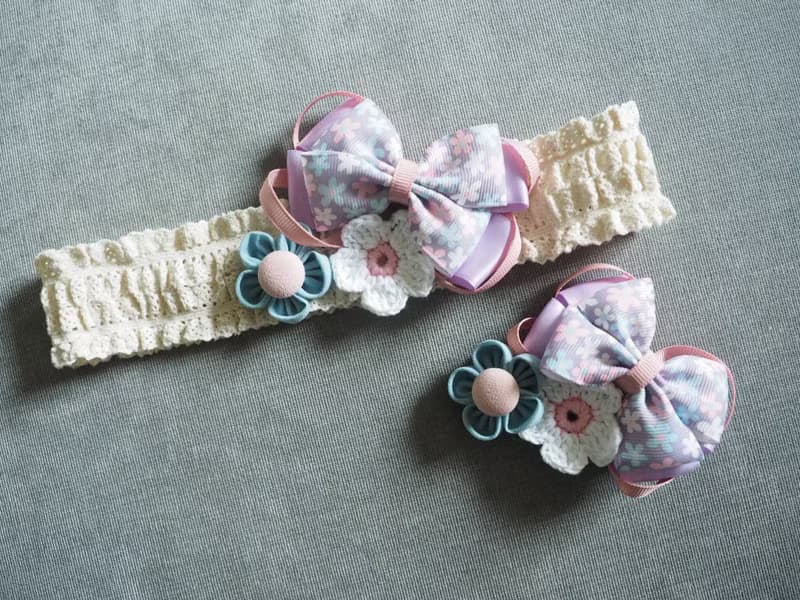 手作嬰兒女童粉紫色蝴蝶結小花髮帶+髮夾禮物套裝