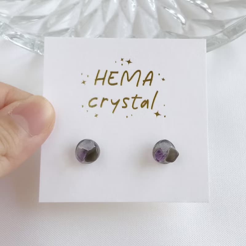 隨性。天然紫水晶 黑曜石 菫青石 貼耳耳環 抗敏耳針 耳夾 增人緣