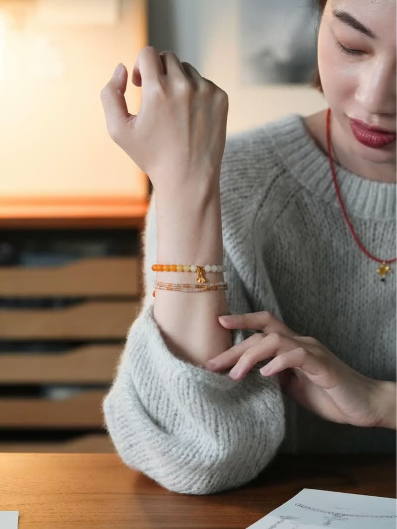 原創杏韻天然黃膠花手串銀杏葉雙圈手鏈