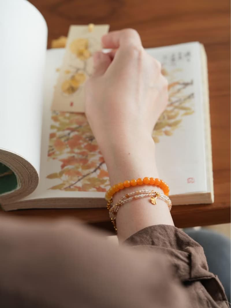 原創杏韻天然黃膠花手串銀杏葉雙圈手鏈