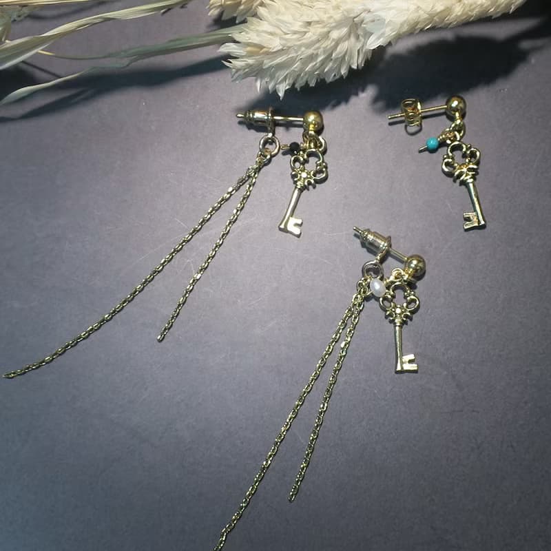 VIIART。愛麗絲的鑰匙-珍珠。復古金2 ways長流蘇耳環
