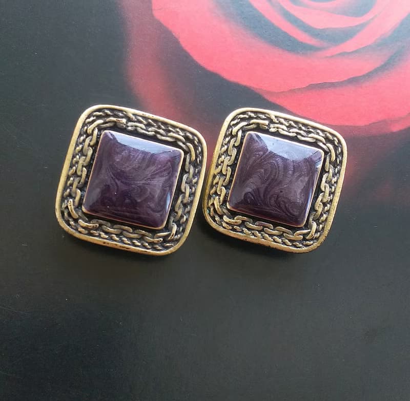 Vintage Jewelry 西洋古董飾品 復古 深紫 拉絲紋 針式耳環