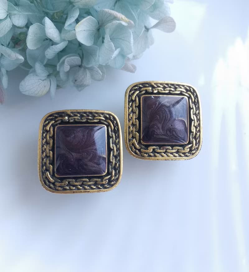 Vintage Jewelry 西洋古董飾品 復古 深紫 拉絲紋 針式耳環