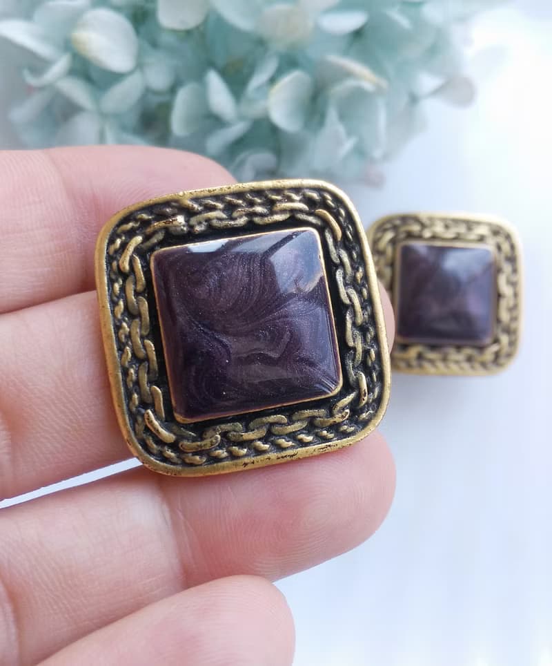 Vintage Jewelry 西洋古董飾品 復古 深紫 拉絲紋 針式耳環