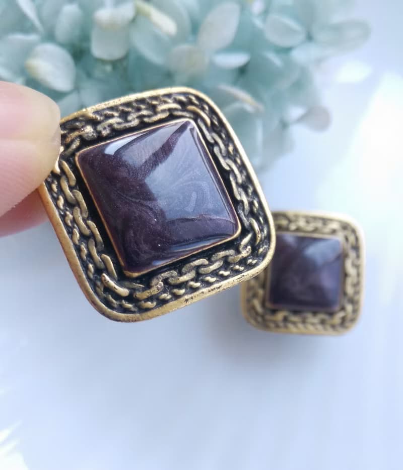 Vintage Jewelry 西洋古董飾品 復古 深紫 拉絲紋 針式耳環