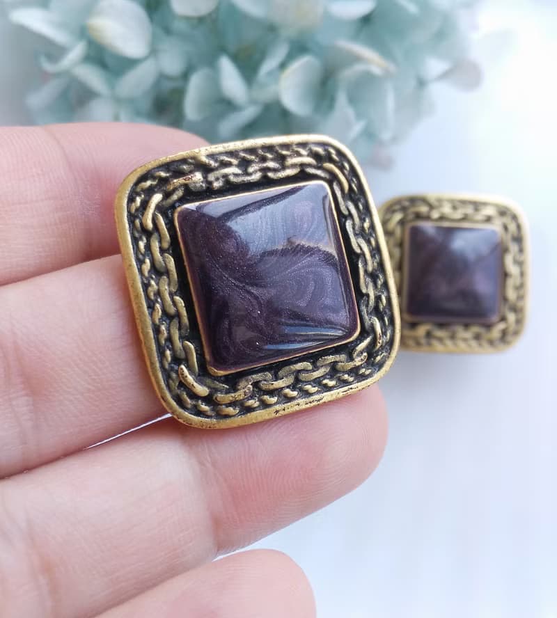 Vintage Jewelry 西洋古董飾品 復古 深紫 拉絲紋 針式耳環