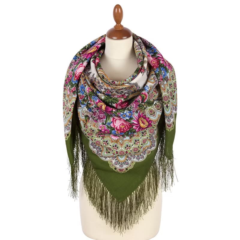 Pavlovo Posad Russian Shawl 100% Wool Scarf 125x125 cm Wrap Silk Fringe 2105-10