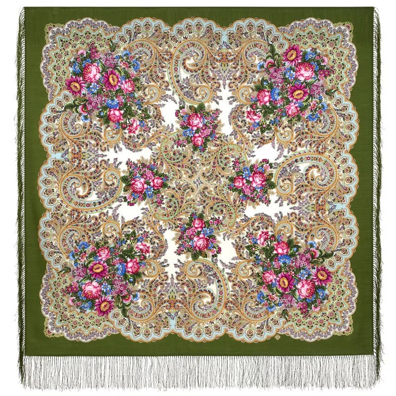 Pavlovo Posad Russian Shawl 100% Wool Scarf 125x125 cm Wrap Silk Fringe 2105-10