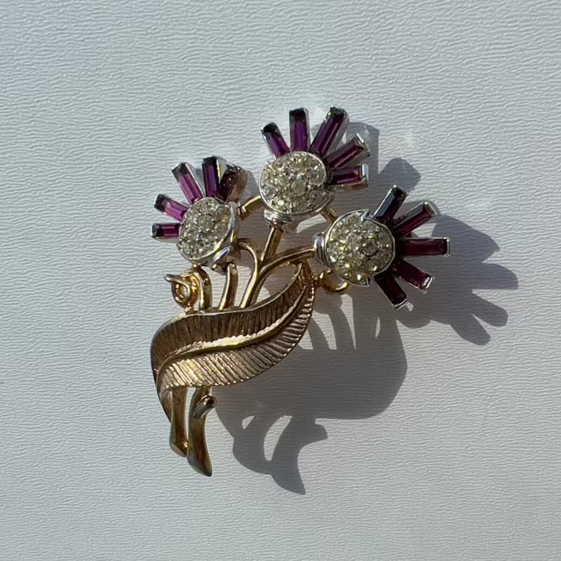 Trifari Antique Radiance Flower Bouquet Brooch with purple crystals 1950s Rare