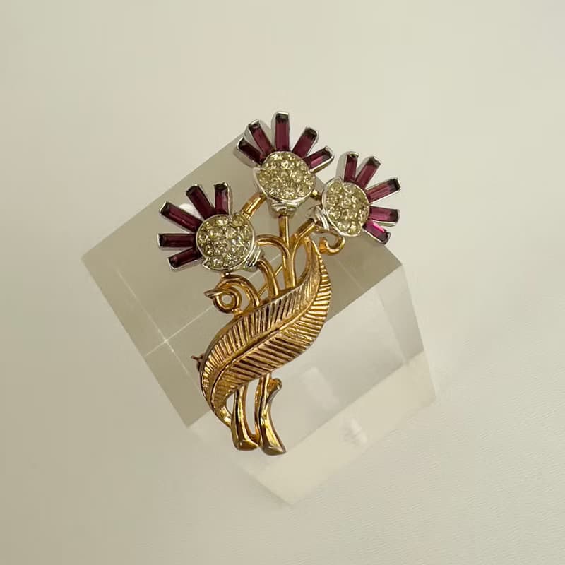 Trifari Antique Radiance Flower Bouquet Brooch with purple crystals 1950s Rare