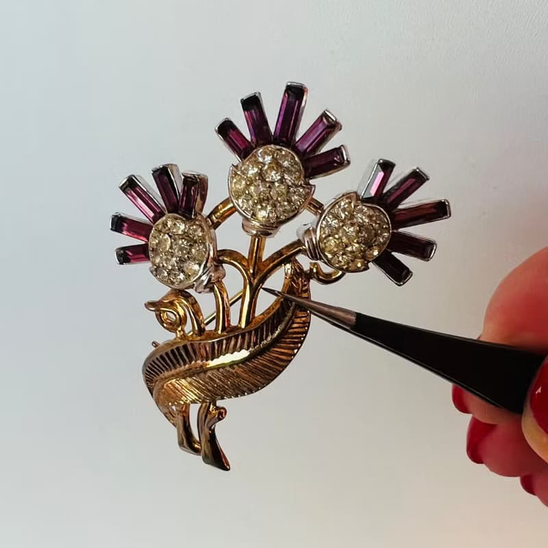 Trifari Antique Radiance Flower Bouquet Brooch with purple crystals 1950s Rare
