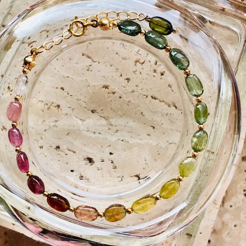 ITS-B801【寶石・碧璽】天然石寶石14KGF水晶手鍊手環。