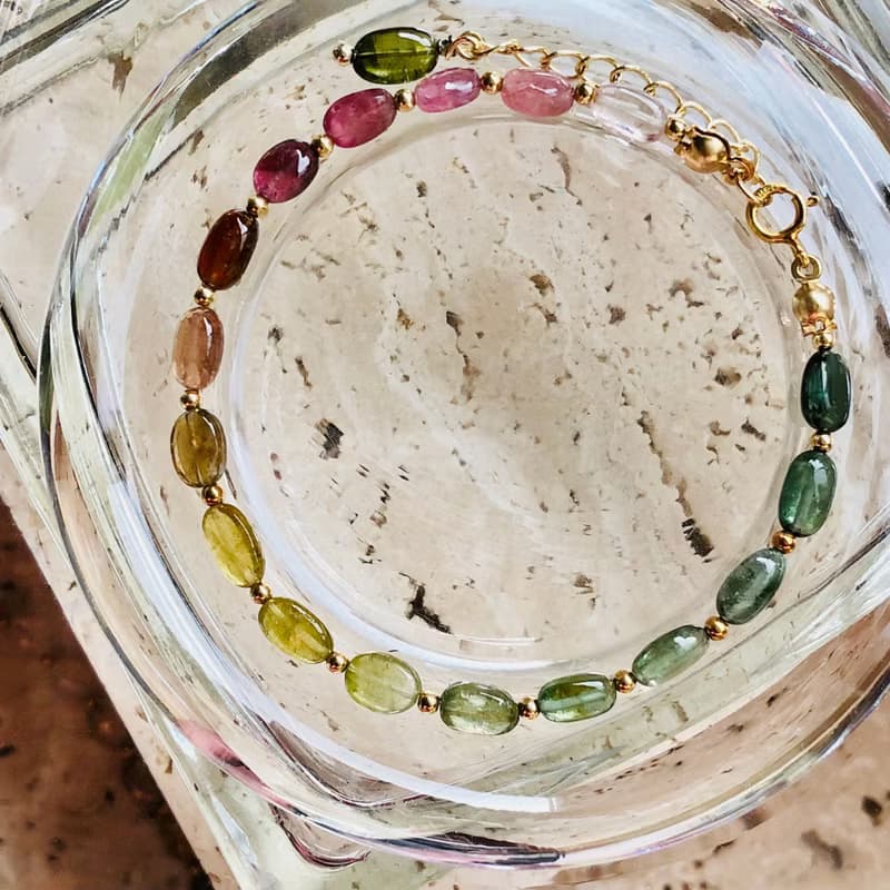 ITS-B801【寶石・碧璽】天然石寶石14KGF水晶手鍊手環。