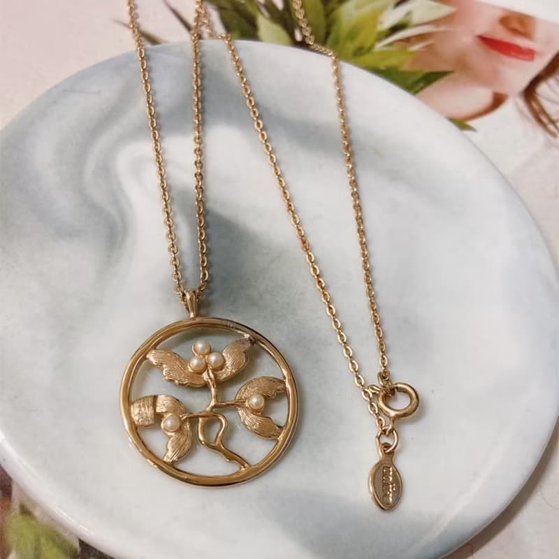 【西洋古董飾品】 花紋 榭寄生新藝術風花卉 珍珠 掐絲紋路 項鍊