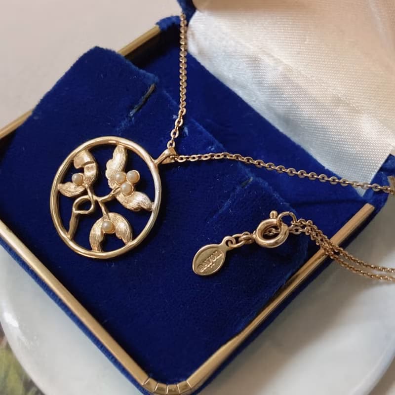 【西洋古董飾品】 花紋 榭寄生新藝術風花卉 珍珠 掐絲紋路 項鍊
