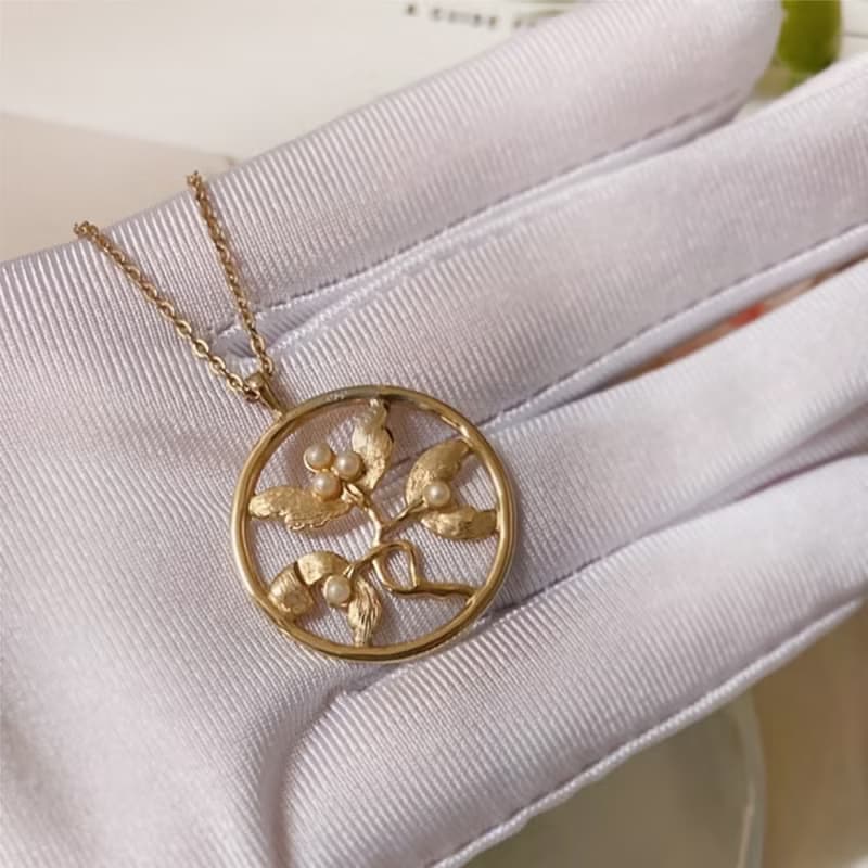 【西洋古董飾品】 花紋 榭寄生新藝術風花卉 珍珠 掐絲紋路 項鍊