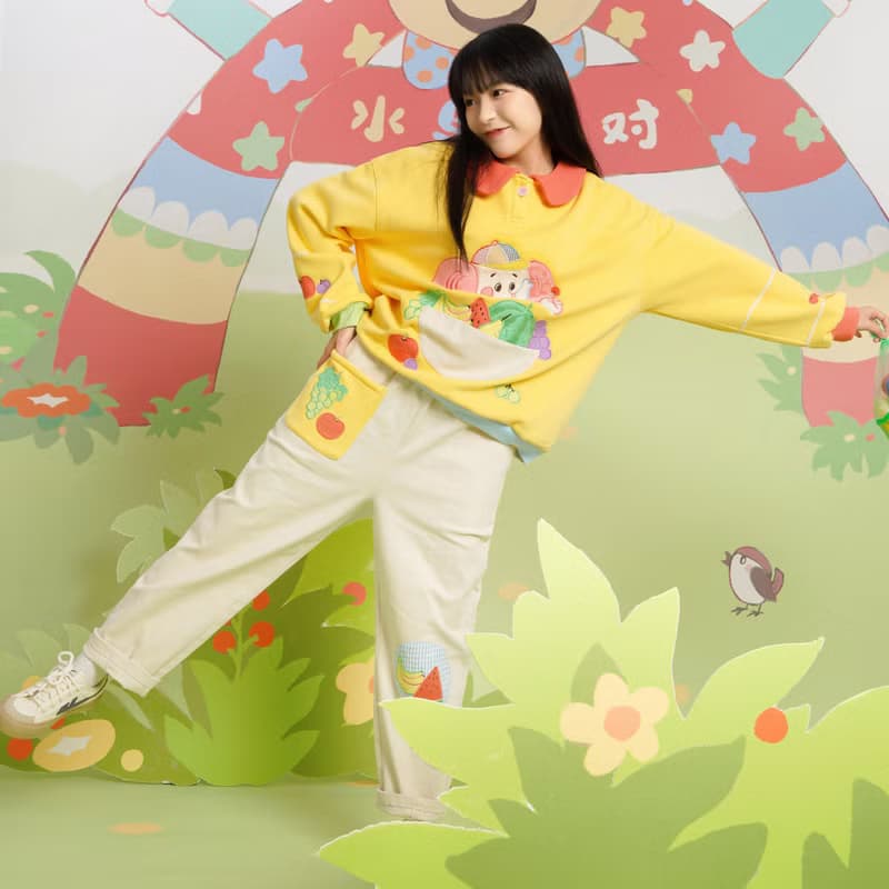 水果派對長褲 復古昭和 可愛舒服 精美刺繡 重工休閒褲