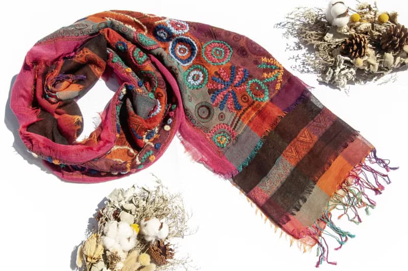 喀什米爾Cashmere/水煮羊毛披肩/針織圍巾/刺繡圍巾/羊絨披巾-花