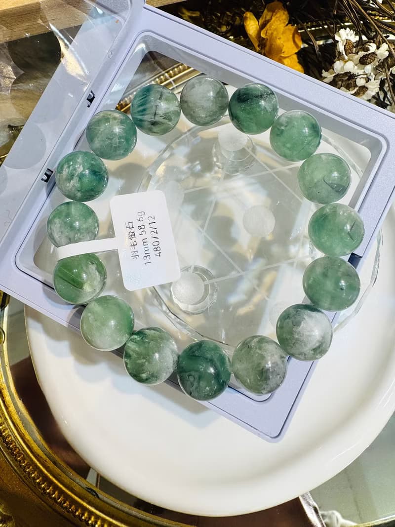 天然羽毛螢石13mm58.60g水晶平衡身心靈舒緩壓力暖宮石