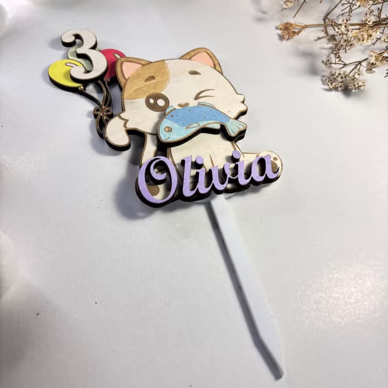 Cat Wood Custom Cake Topper - Hand Painted Birthday Keepsake - Custom Name