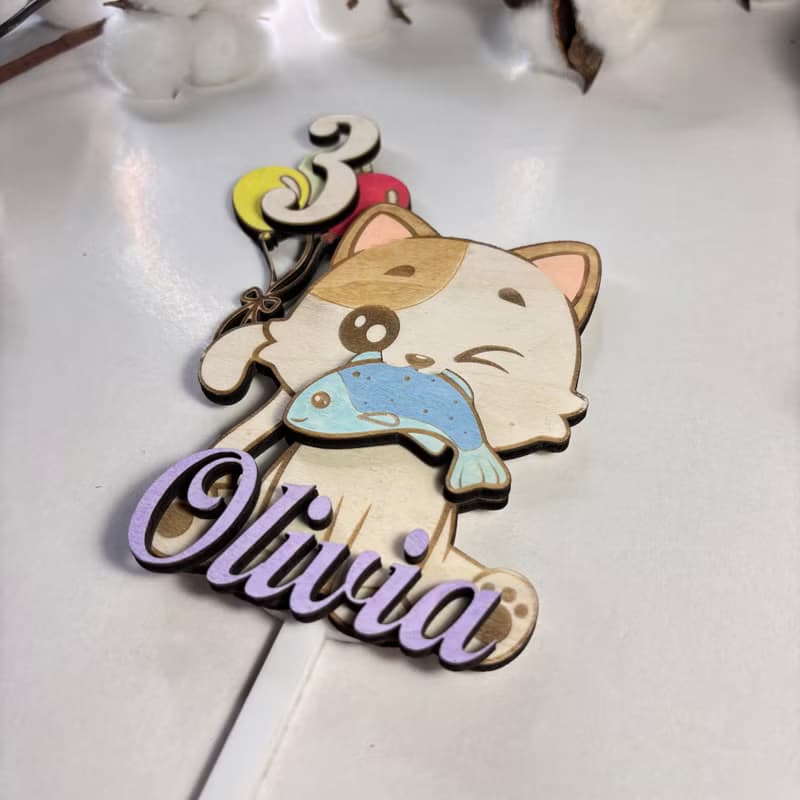 Cat Wood Custom Cake Topper - Hand Painted Birthday Keepsake - Custom Name