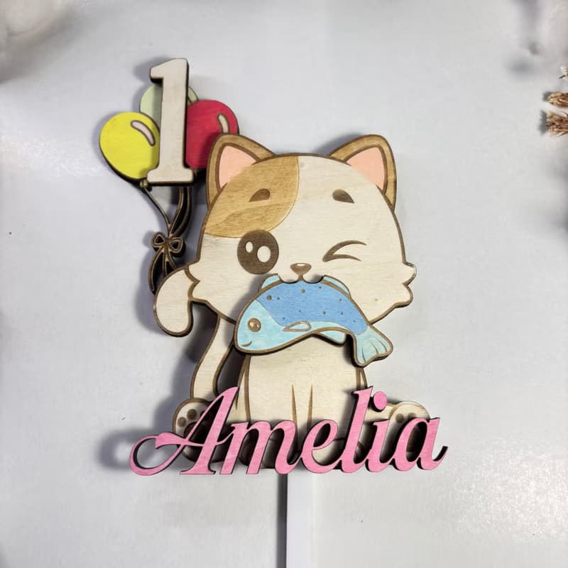 Cat Wood Custom Cake Topper - Hand Painted Birthday Keepsake - Custom Name