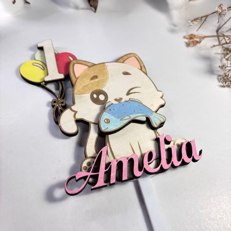 Cat Wood Custom Cake Topper - Hand Painted Birthday Keepsake - Custom Name