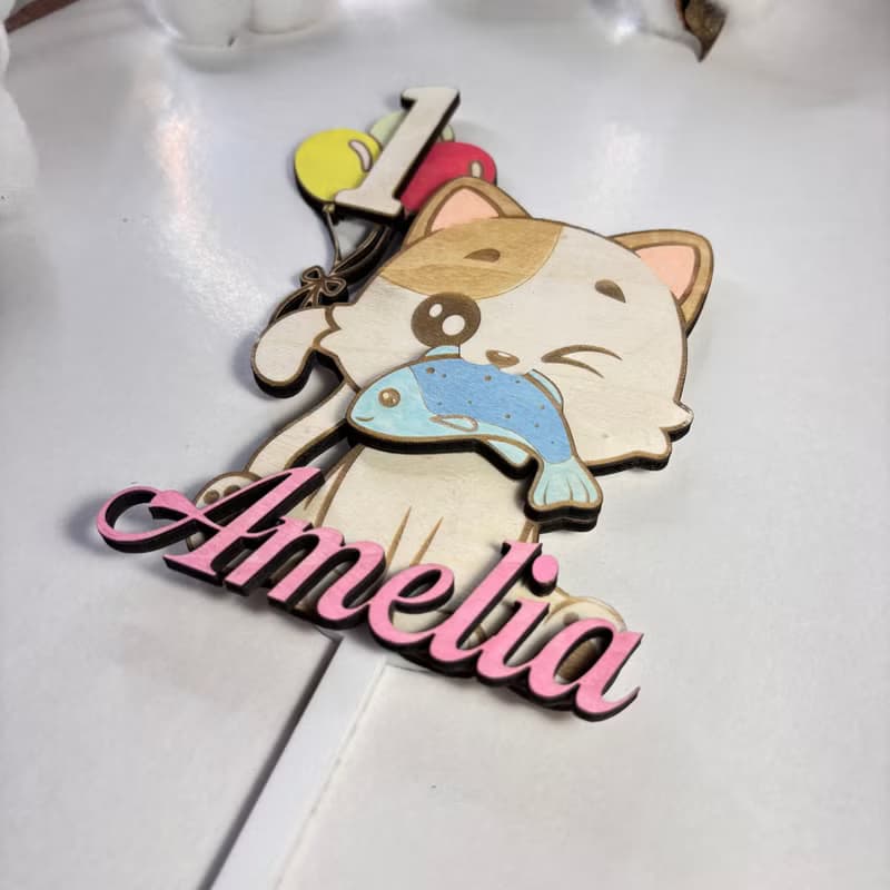 Cat Wood Custom Cake Topper - Hand Painted Birthday Keepsake - Custom Name