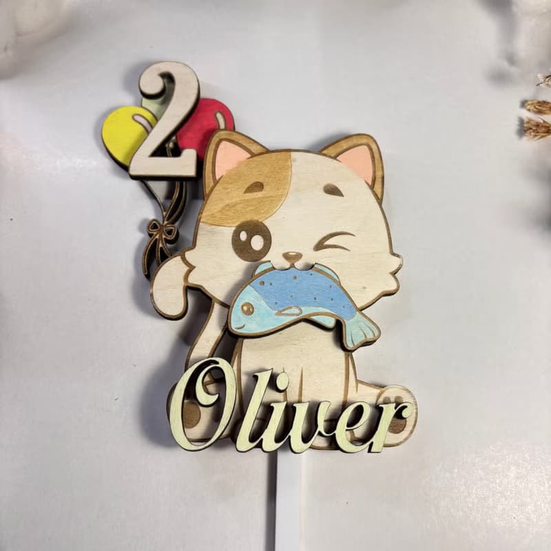 Cat Wood Custom Cake Topper - Hand Painted Birthday Keepsake - Custom Name