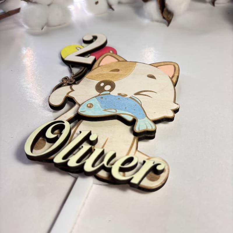 Cat Wood Custom Cake Topper - Hand Painted Birthday Keepsake - Custom Name