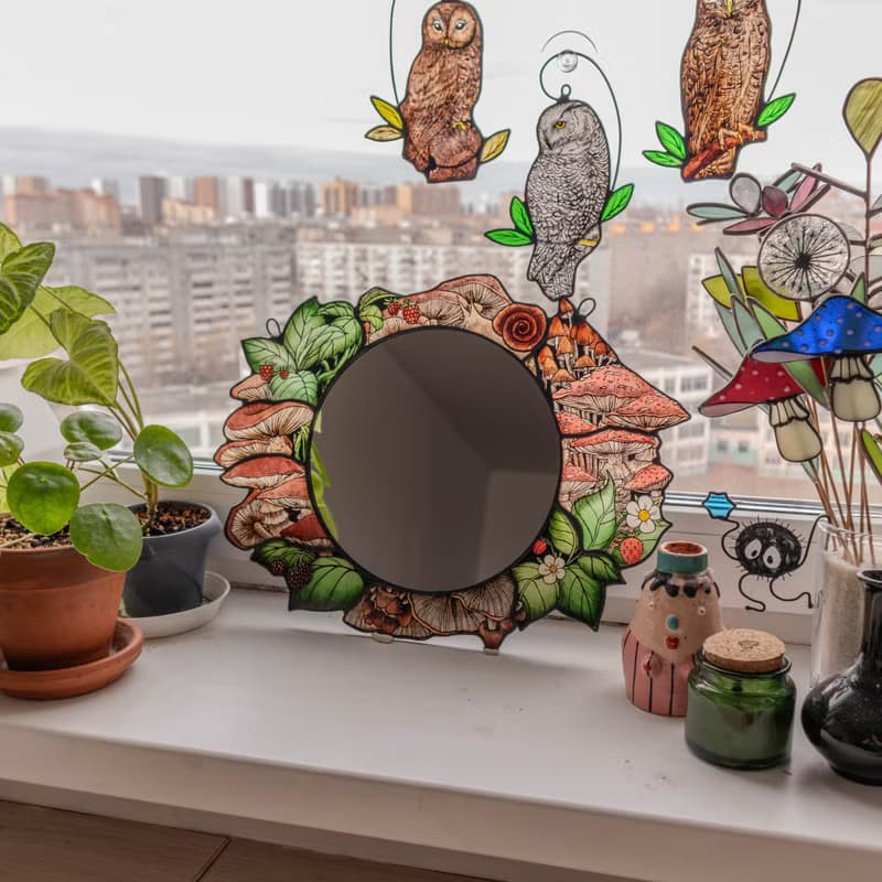 Handmade stained glass mirror with mushrooms, Home decor with fungi