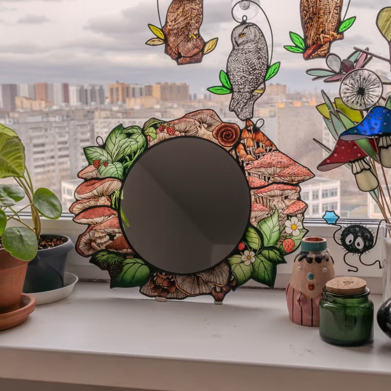 Handmade stained glass mirror with mushrooms, Home decor with fungi