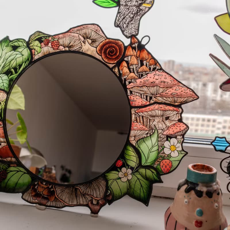 Handmade stained glass mirror with mushrooms, Home decor with fungi