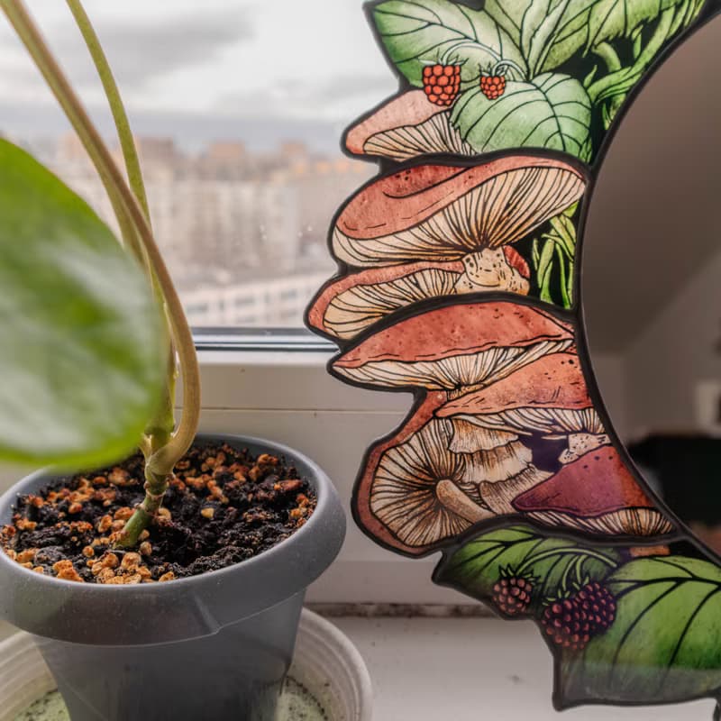 Handmade stained glass mirror with mushrooms, Home decor with fungi