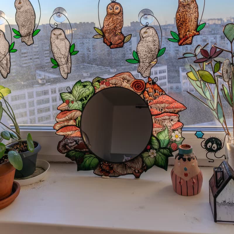 Handmade stained glass mirror with mushrooms, Home decor with fungi