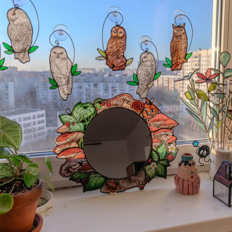 Handmade stained glass mirror with mushrooms, Home decor with fungi