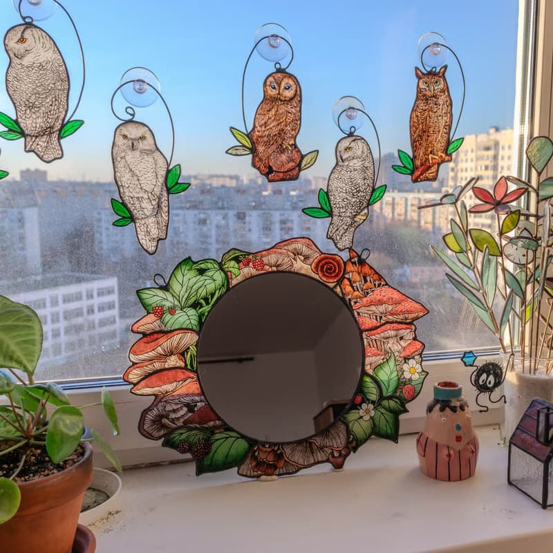 Handmade stained glass mirror with mushrooms, Home decor with fungi
