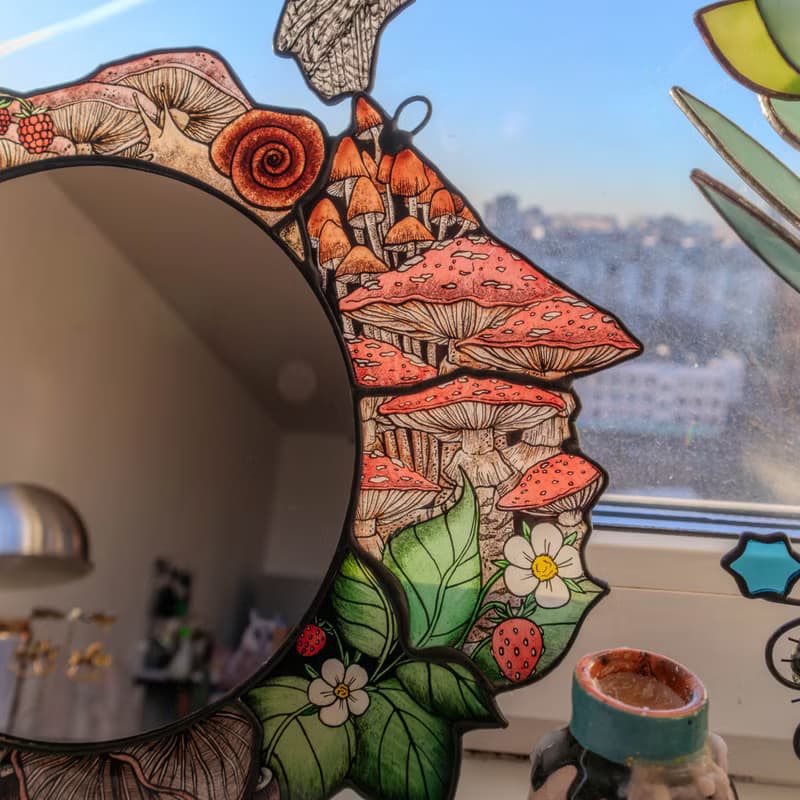 Handmade stained glass mirror with mushrooms, Home decor with fungi
